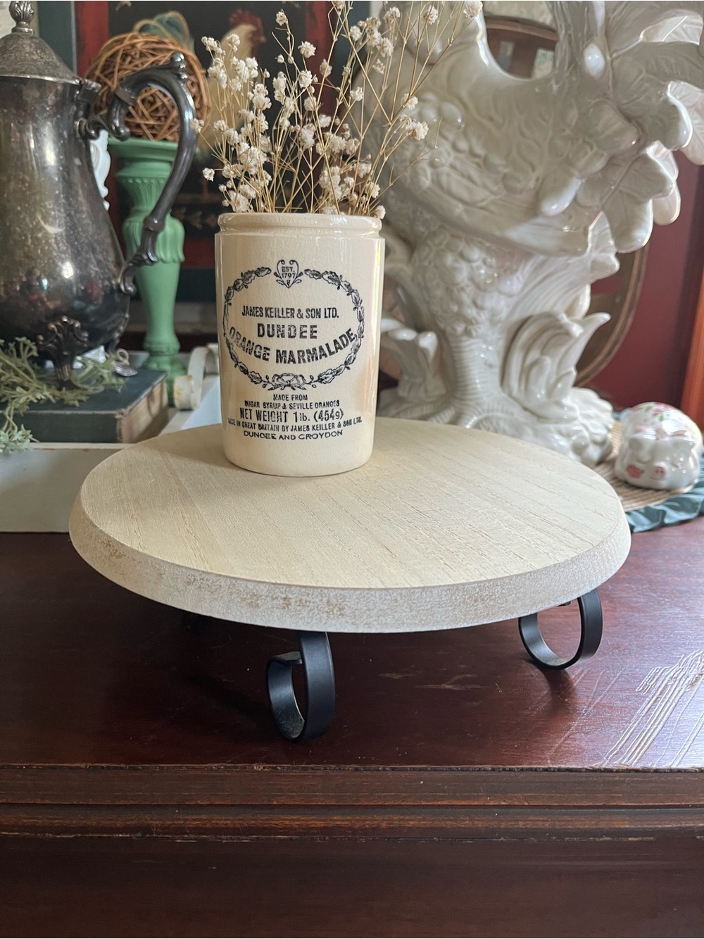 Wood Riser Display Stand with Curled Iron Legs